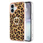 For iPhone 16 Plus Electroplating Dual-side IMD Phone Case with Ring Holder(Leopard Print)