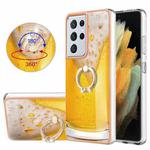 For Samsung Galaxy S21 Ultra 5G Electroplating Dual-side IMD Phone Case with Ring Holder(Draft Beer)