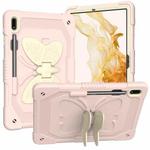 For Samsung Galaxy Tab S9 Butterfly Kickstand Heavy Duty Hard Rugged Tablet Case(Beige+Rose Pink)