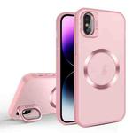For iPhone XS Max Skin Feel CD Texture MagSafe Lens Holder Phone Case(Pink)