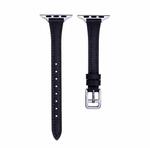 For Apple Watch SE 44mm T-shaped Slim Genuine Leather Watch Band(Black)
