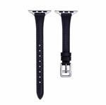 For Apple Watch 9 41mm T-shaped Slim Genuine Leather Watch Band(Black)