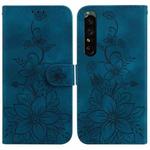 For Sony Xperia 1 IV Lily Embossed Leather Phone Case(Dark Blue)