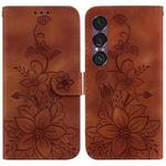 For Sony Xperia 1 VII Lily Embossed Leather Phone Case(Brown)