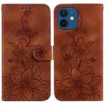 For iPhone 12 / 12 Pro Lily Embossed Leather Phone Case(Brown)
