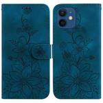 For iPhone 12 / 12 Pro Lily Embossed Leather Phone Case(Dark Blue)