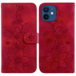 For iPhone 12 / 12 Pro Lily Embossed Leather Phone Case(Red)