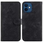 For iPhone 12 / 12 Pro Lily Embossed Leather Phone Case(Black)