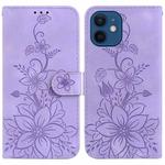 For iPhone 12 mini Lily Embossed Leather Phone Case(Purple)