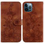 For iPhone 12 Pro Max Lily Embossed Leather Phone Case(Brown)