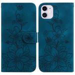 For iPhone 11 Lily Embossed Leather Phone Case(Dark Blue)