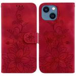 For iPhone 13 Lily Embossed Leather Phone Case(Red)