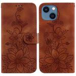 For iPhone 14 Plus Lily Embossed Leather Phone Case(Brown)