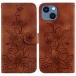 For iPhone 15 Lily Embossed Leather Phone Case(Brown)