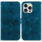 For iPhone 16 Pro Max Lily Embossed Leather Phone Case(Dark Blue)