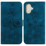 For iPhone 16 Plus Lily Embossed Leather Phone Case(Dark Blue)