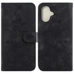 For iPhone 16 Plus Lily Embossed Leather Phone Case(Black)