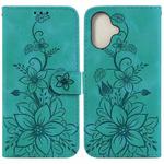 For iPhone 16 Lily Embossed Leather Phone Case(Green)