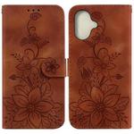 For iPhone 16 Lily Embossed Leather Phone Case(Brown)