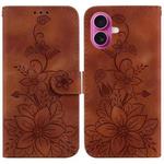 For iPhone 17 Lily Embossed Leather Phone Case(Brown)