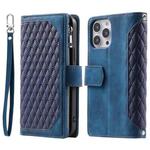 For iPhone 15 Pro Max Grid Texture Zipper Leather Phone Case with Lanyard(Blue)