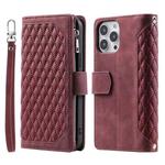 For iPhone 15 Pro Max Grid Texture Zipper Leather Phone Case with Lanyard(Wine Red)