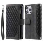 For iPhone 15 Pro Max Grid Texture Zipper Leather Phone Case with Lanyard(Black)