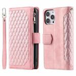 For iPhone 15 Pro Max Grid Texture Zipper Leather Phone Case with Lanyard(Rose Gold)