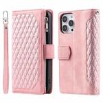 For iPhone 15 Pro Grid Texture Zipper Leather Phone Case with Lanyard(Rose Gold)