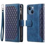 For iPhone 15 Plus Grid Texture Zipper Leather Phone Case with Lanyard(Blue)