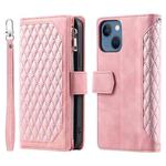 For iPhone 15 Plus Grid Texture Zipper Leather Phone Case with Lanyard(Rose Gold)