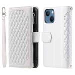 For iPhone 15 Plus Grid Texture Zipper Leather Phone Case with Lanyard(White)
