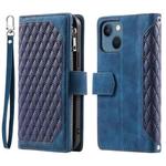 For iPhone 15 Grid Texture Zipper Leather Phone Case with Lanyard(Blue)