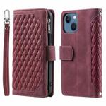 For iPhone 15 Grid Texture Zipper Leather Phone Case with Lanyard(Wine Red)