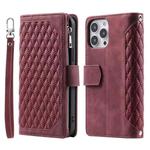 For iPhone 16 Pro Max Grid Texture Zipper Leather Phone Case with Lanyard(Wine Red)