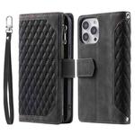 For iPhone 16 Pro Max Grid Texture Zipper Leather Phone Case with Lanyard(Black)