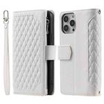 For iPhone 16 Pro Max Grid Texture Zipper Leather Phone Case with Lanyard(White)