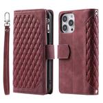 For iPhone 16 Pro Grid Texture Zipper Leather Phone Case with Lanyard(Wine Red)