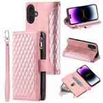 For iPhone 16 Plus Grid Texture Zipper Leather Phone Case with Lanyard(Rose Gold)