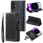 For iPhone 16 Grid Texture Zipper Leather Phone Case with Lanyard(Black)