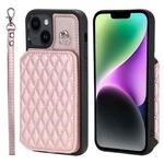 For iPhone 15 Plus Grid Texture Card Bag Phone Case with Lanyard(Rose Gold)