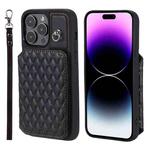 For iPhone 14 Pro Max Grid Texture Card Bag Phone Case with Lanyard(Black)