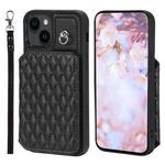 For iPhone 13 Grid Texture Card Bag Phone Case with Lanyard(Black)