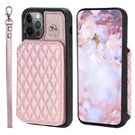 For iPhone 12 Pro Max Grid Texture Card Bag Phone Case with Lanyard(Rose Gold)