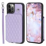 For iPhone 12 Pro Max Grid Texture Card Bag Phone Case with Lanyard(Purple)