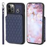 For iPhone 12 / 12 Pro Grid Texture Card Bag Phone Case with Lanyard(Blue)