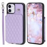 For iPhone 11 Grid Texture Card Bag Phone Case with Lanyard(Purple)