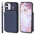 For iPhone 11 Grid Texture Card Bag Phone Case with Lanyard(Blue)