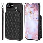 For iPhone SE 2022 / 2020 / 8 / 7 Grid Texture Card Bag Phone Case with Lanyard(Black)