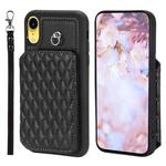 For iPhone XR Grid Texture Card Bag Phone Case with Lanyard(Black)